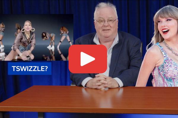 Simon Says Thumbnail. Simon at his desk with Taylor Swift next to him. 