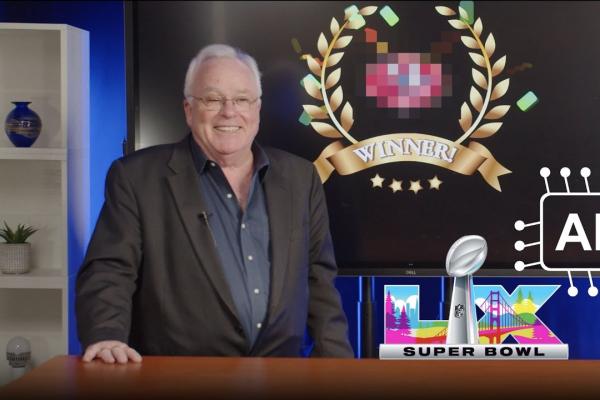 Simon Sheather standing at his desk next to the superbowl logo and AI circuit