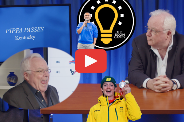 YouTube Thumbnail. Simon Sheather looks at a screen that says "Pippa Passes Kentucky" and another image of Simon is in an oval. In the smaller image, he has his mouth open. Professor Darshak Patel is in the thumbnail in front of a logo for The Econ Games. Olympic snowboarder Scotty James is also in the thumbnail