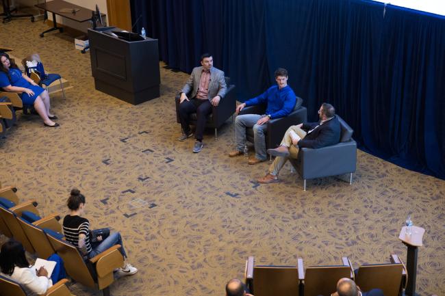 Ben Commerford, Brad White, and Landon Marcum discuss juggling school and athletics at the 2025 Honesty, Integrity and Professionalism event