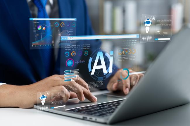 Businessman use artificial intelligence AI technology for enhanced work efficiency data analysis and efficient tools, Unlocking work potential with AI solutions chatbot help solve work problems