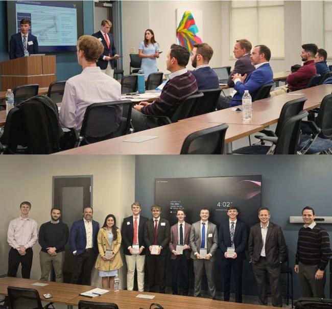 Above: Gatton's pitch cup team presents to the judges during the pitch cup competition. Below: The Gatton team poses with judges and corporate representatives after winning. From left to right starting with the 4th individual: Ana Cortes, Ivey Redd, Jackson McDonner, Garrett Weiler, Dylan Moore, Ethan Blevins
