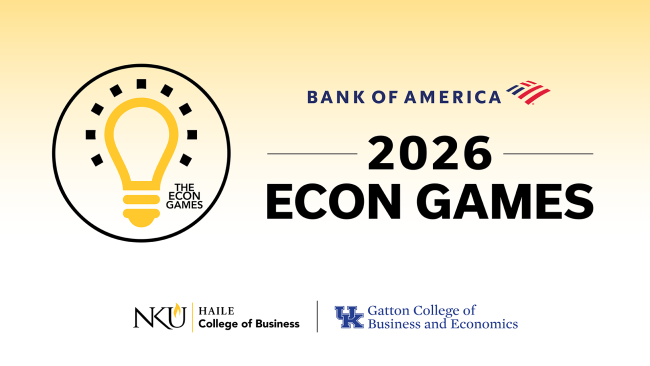 Graphic with 2026 Econ Games information. Bank of America 2026 Econ Games. NKU Haile College of Business, Gatton College of Business and Economics. The background is a yellow gradient that fades to white at the bottom