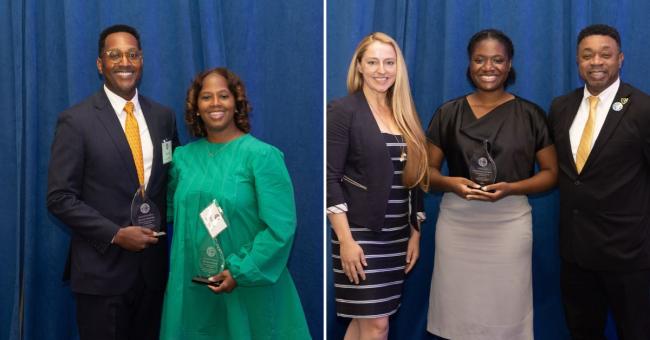 Two images side by side, each showing individuals posing with awards in front of a blue curtain. In the left image, two individuals hold glass trophies. In the right image, four individuals stand together, with two holding similar trophies. They are all dressed formally.