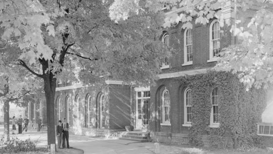 Two students stand next to a tree on a pathway next to a historic building.