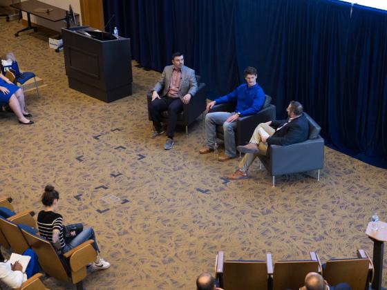 Ben Commerford, Brad White, and Landon Marcum discuss juggling school and athletics at the 2025 Honesty, Integrity and Professionalism event