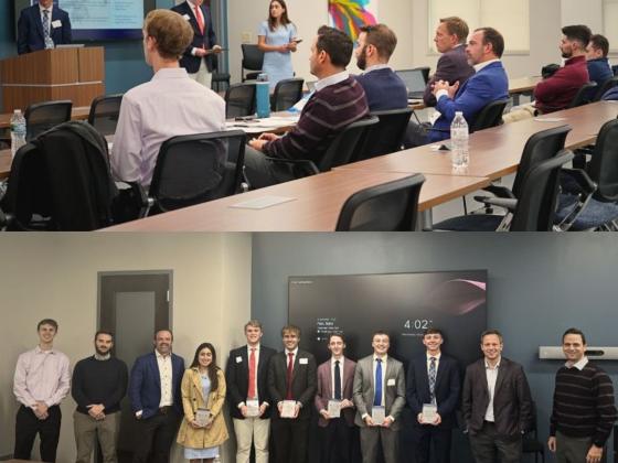 Above: Gatton's pitch cup team presents to the judges during the pitch cup competition. Below: The Gatton team poses with judges and corporate representatives after winning. From left to right starting with the 4th individual: Ana Cortes, Ivey Redd, Jackson McDonner, Garrett Weiler, Dylan Moore, Ethan Blevins