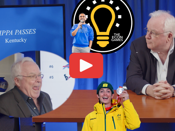 YouTube Thumbnail. Simon Sheather looks at a screen that says "Pippa Passes Kentucky" and another image of Simon is in an oval. In the smaller image, he has his mouth open. Professor Darshak Patel is in the thumbnail in front of a logo for The Econ Games. Olympic snowboarder Scotty James is also in the thumbnail