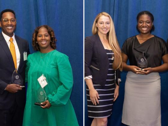 Two images side by side, each showing individuals posing with awards in front of a blue curtain. In the left image, two individuals hold glass trophies. In the right image, four individuals stand together, with two holding similar trophies. They are all dressed formally.