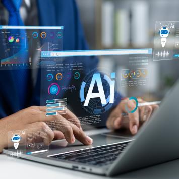 Businessman use artificial intelligence AI technology for enhanced work efficiency data analysis and efficient tools, Unlocking work potential with AI solutions chatbot help solve work problems