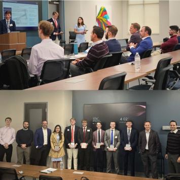 Above: Gatton's pitch cup team presents to the judges during the pitch cup competition. Below: The Gatton team poses with judges and corporate representatives after winning. From left to right starting with the 4th individual: Ana Cortes, Ivey Redd, Jackson McDonner, Garrett Weiler, Dylan Moore, Ethan Blevins