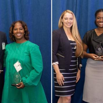 Two images side by side, each showing individuals posing with awards in front of a blue curtain. In the left image, two individuals hold glass trophies. In the right image, four individuals stand together, with two holding similar trophies. They are all dressed formally.
